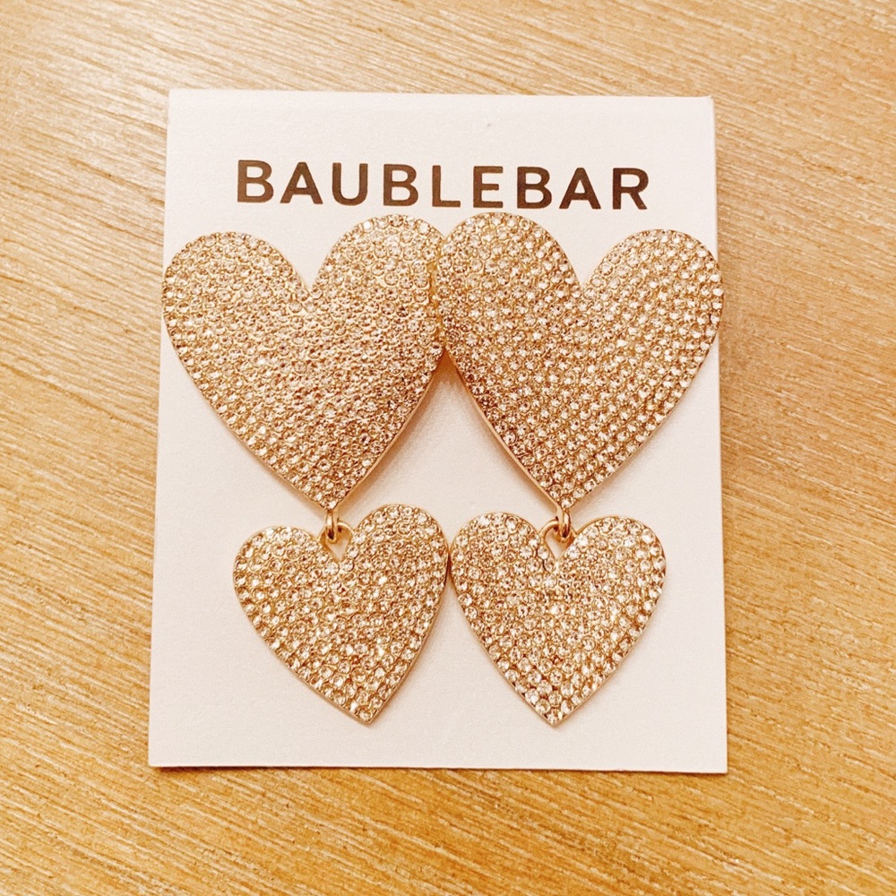 Baublebar Gold Tone Rhinestone Double Heart Earrings Valentines Day